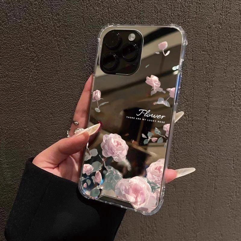 Мягкий чехол для телефона с зеркалом и узором из розовых роз для Samsung Galaxy S25 S24 S23 S22 S21 Ultra Plus FE A06 A14 A23 A36 A52 A55 A56