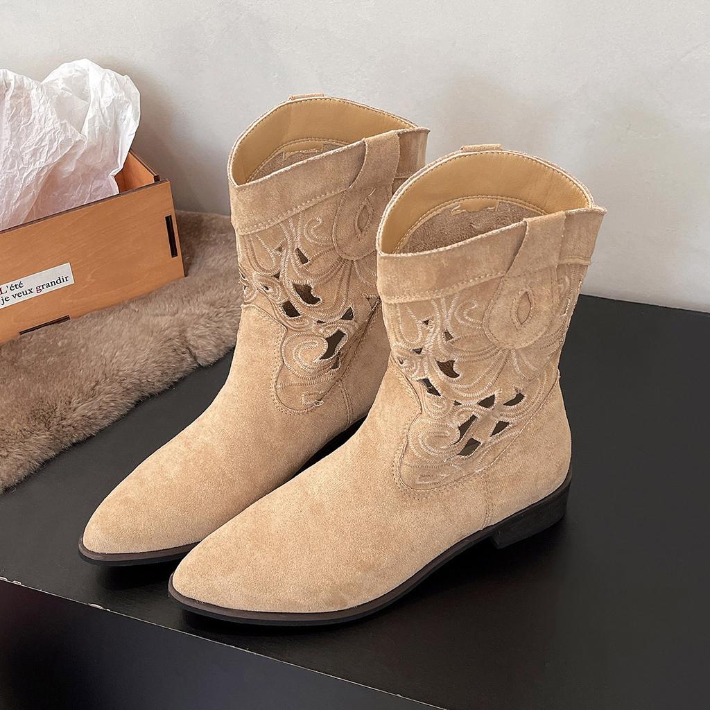 Hollow Pointed Western Cowboy Boots Ethnic Style Retro Boots Versatile Thick Heel Embroidery Breathable Thin Short Boots