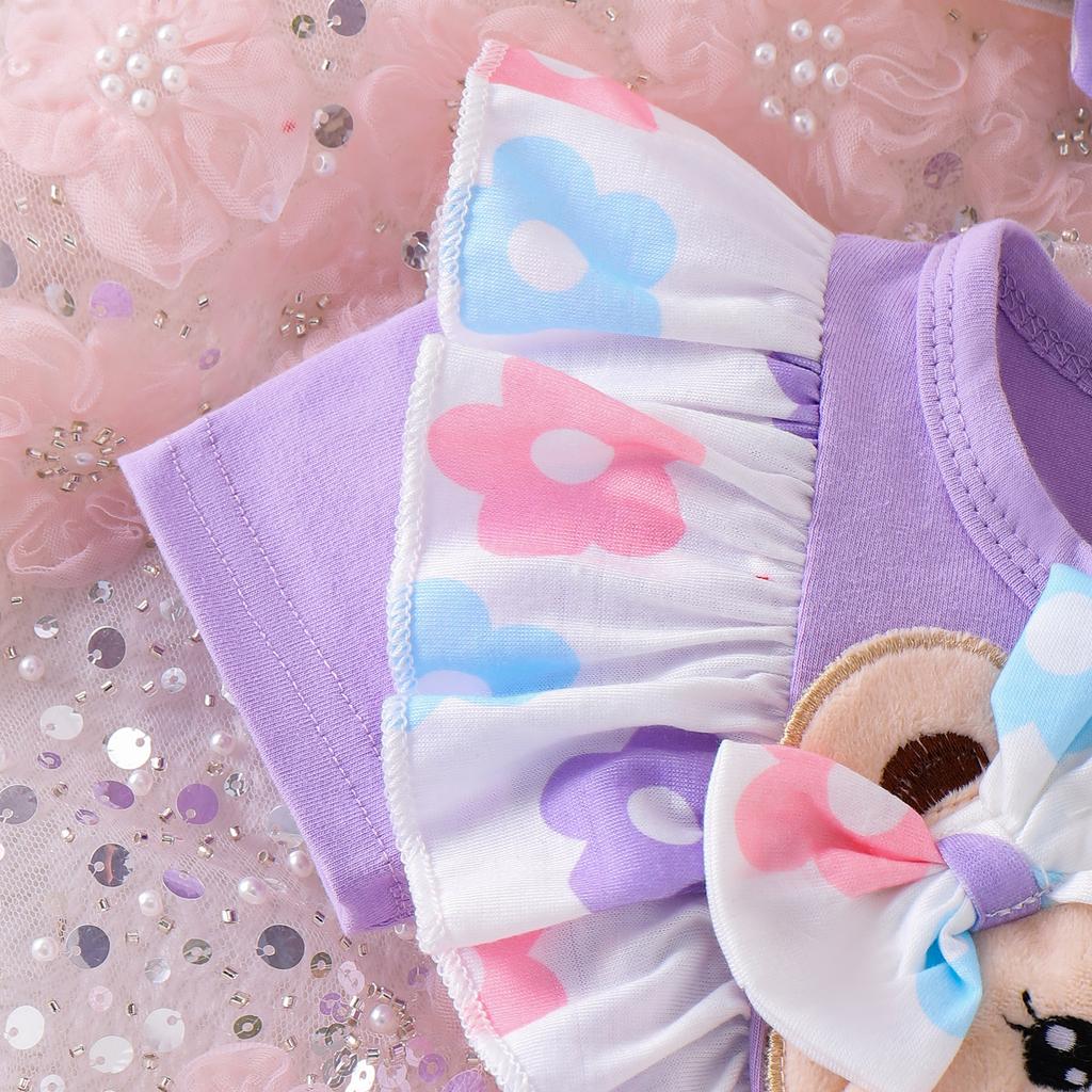 Baby Girl Floral Romper Dress Bear Patch Ruffle Short Sleeve Bodysuit with Bow Headband 2 Piece Summer Outfit