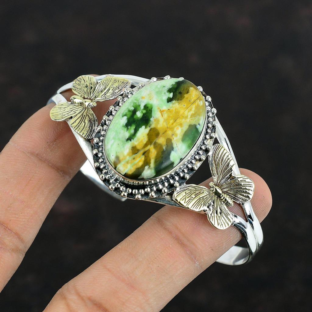 Браслет-манжета из австралийского хрома и халцедона с настоящим драгоценным камнем, браслет-манжета из стерлингового серебра 925 пробы, позолоченный браслет-манжета в виде бабочки 18 карат, регулируемый браслет