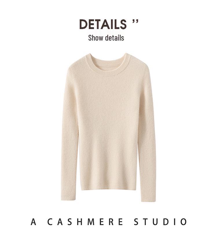 Women's Winter 2026 Pure Cashmere Ribbed Slimming Sweater - Round Neck, Sweet Style Pullover.