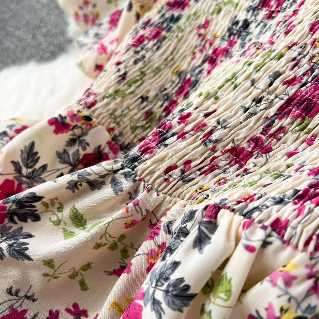 Женские летние каникулы с одним вырезом без бретелек с коротким рукавом и длинными цветочными платьями на талии