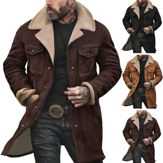 Men Jacket Autumn Winter Woolen Coat Lapel Single-Breasted Mid-Length Windproof Jacket Suede