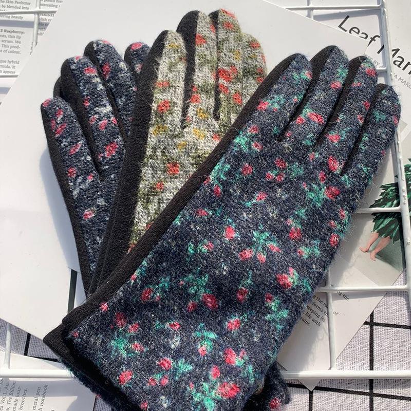 Модные шерстяные маленькие цветочные термоперчатки, термоперчатки для сенсорных экранов для женщин