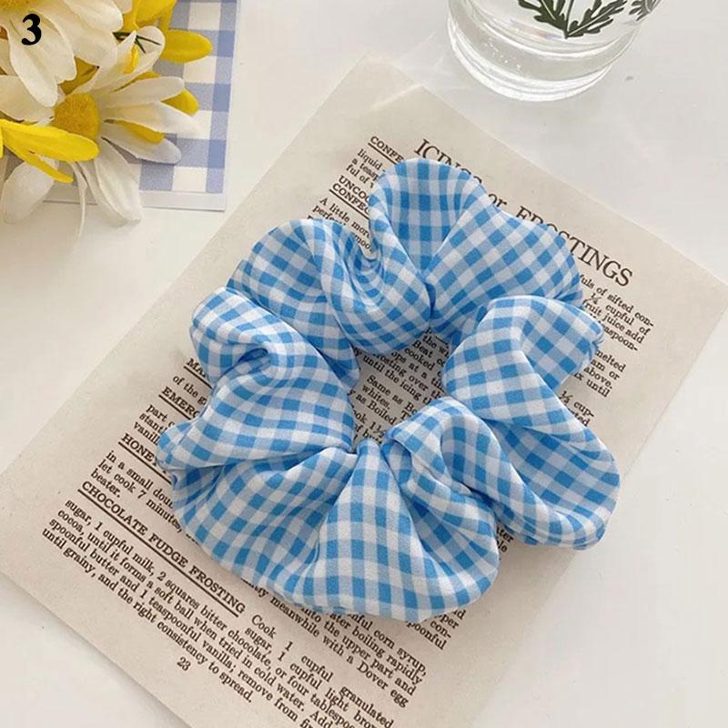Korea Women Hair Scrunchie Blue Plaid Dot Elastic Hair Bands Stretchy Hair Ties Summer Ponytail Holder Girls Hair Accessories