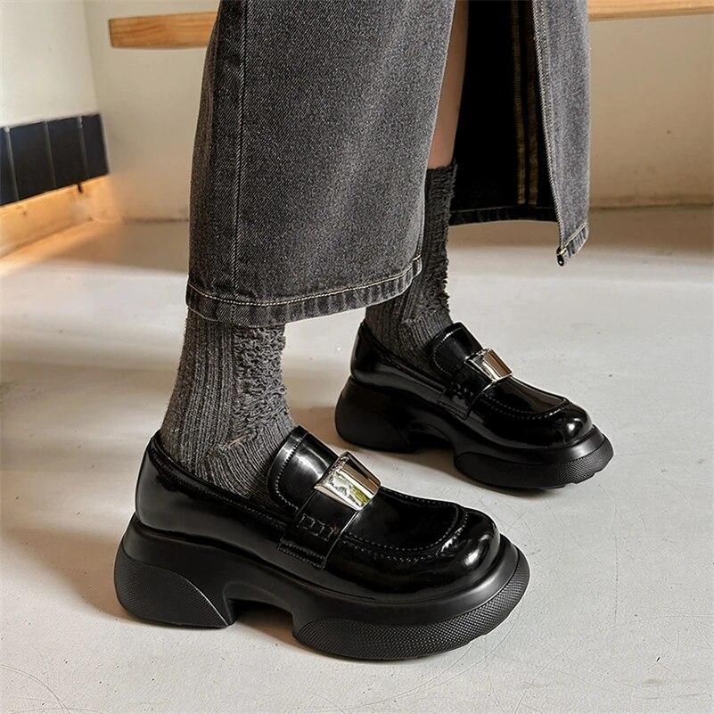 Meotina Женские лоферы из натуральной кожи, туфли-лодочки с круглым носком на платформе и высоком каблуке с металлическими украшениями, женская модная обувь, весна-осень