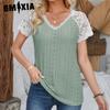 Women's Fashion Casual Summer Solid Color Print Lace Stitching Short Sleeve V-Neck Loose Blouses & Shirts