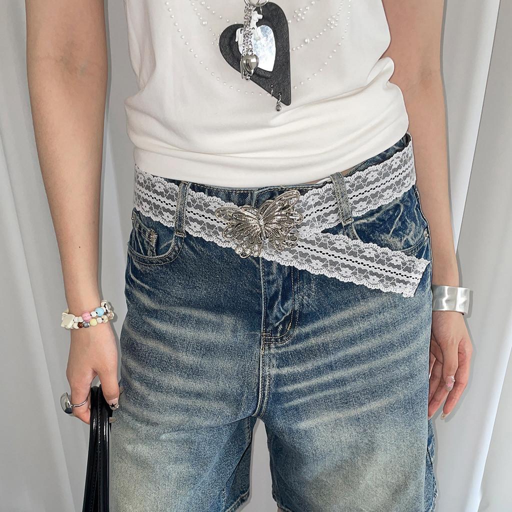 Silver Butterfly Fashionable Buckle Decor Women Casual White Lace Belt Waist