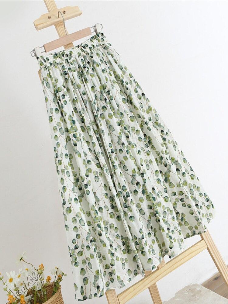 Spring Summer Women High-waisted Floral Printed Skirts Elastic Waist Elegant Casual Linen Cotton Midi Green Skirts