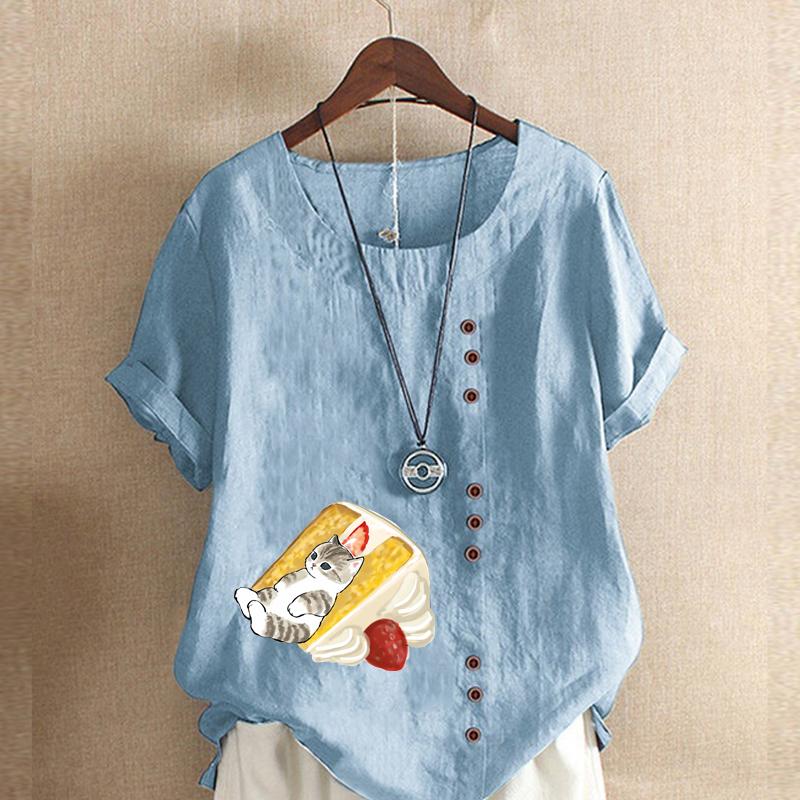 Женская мода, футболка с круглым вырезом и короткими рукавами с милым котом, повседневная рубашка из хлопка и льна с рисунком, свободная летняя блузка для отдыха, топы больших размеров