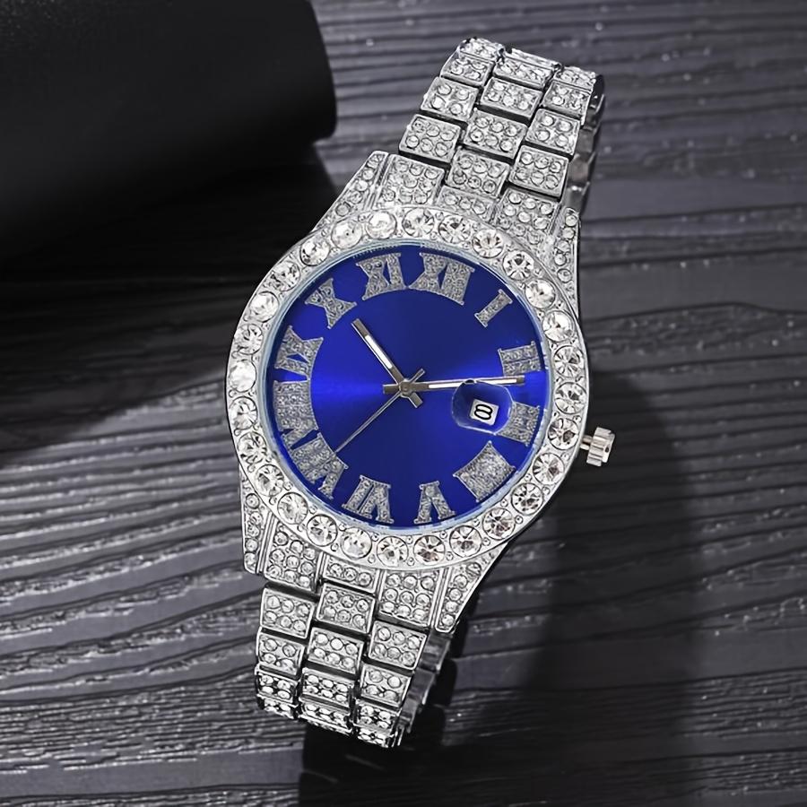 Glamorous 2pcs Set: Rhinestone Quartz Watch With Alloy Strap & Bracelet - Shockproof, Swiss Movement, Analog Display For Men