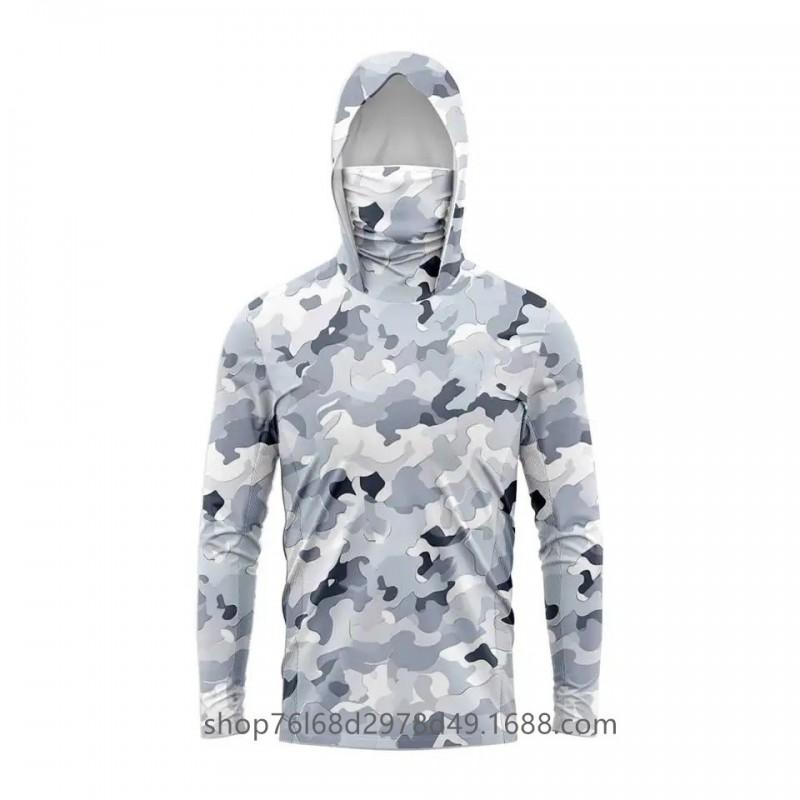 Mens Quick-Dry Ice Silk Long Sleeve Fishing Shirt With Hood Integrated Face Cover UV Protection Outdoor Sunproof Apparel