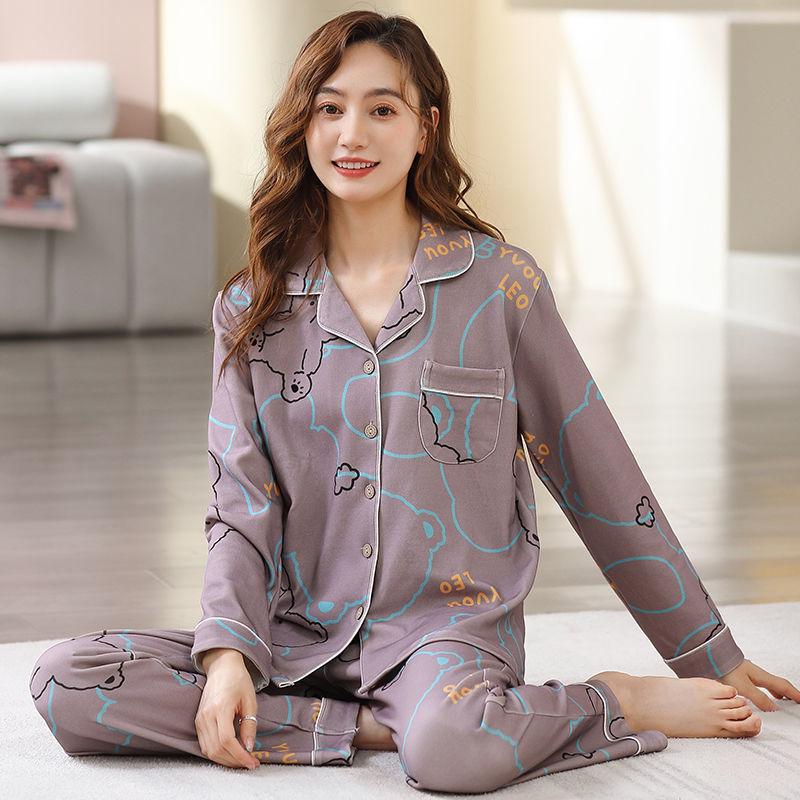 Женский пижамный комплект в корейском мультяшном стиле - 100% хлопок, с длинным рукавом, подходит для весны, осени и зимы, с кардиганом для домашней носки.