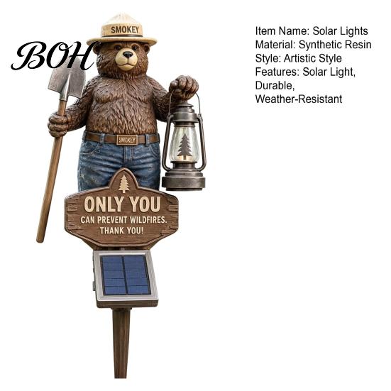 Easy Install Flower Bed Stakes Shovel Bear Solar Light, Waterproof Resin Decorative Statue, Auto on at Weather Resistant Yard Illumination Dusk