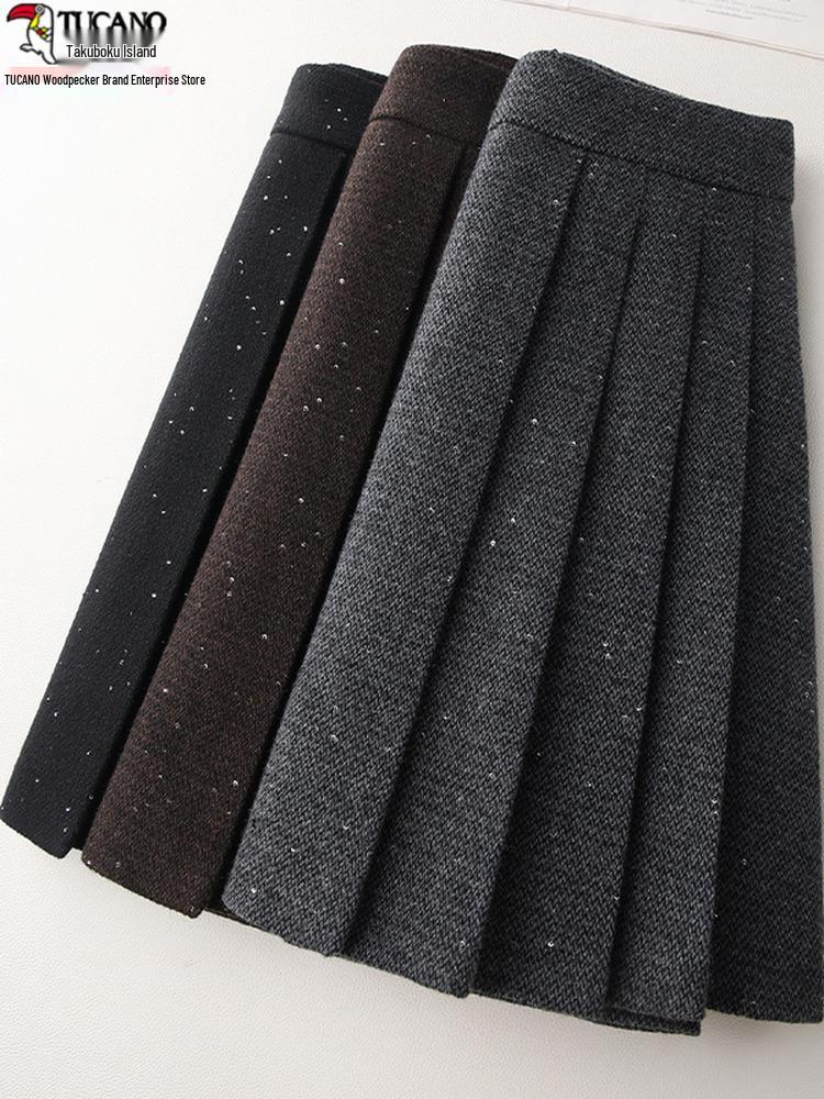 Autumn 2025 Women's High Waist Woolen Midi A-line Bodycon Pleated Skirt