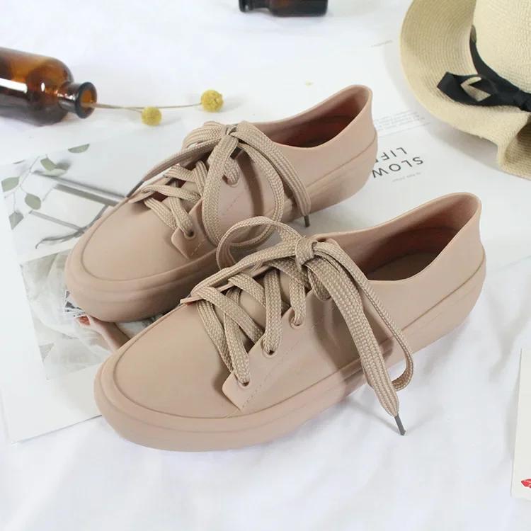Comemore Rainboots Rain Shoes Women Summer Comfortable Women's Casual Flats Shoes Lace Up Water Proof Flat White Sneakers