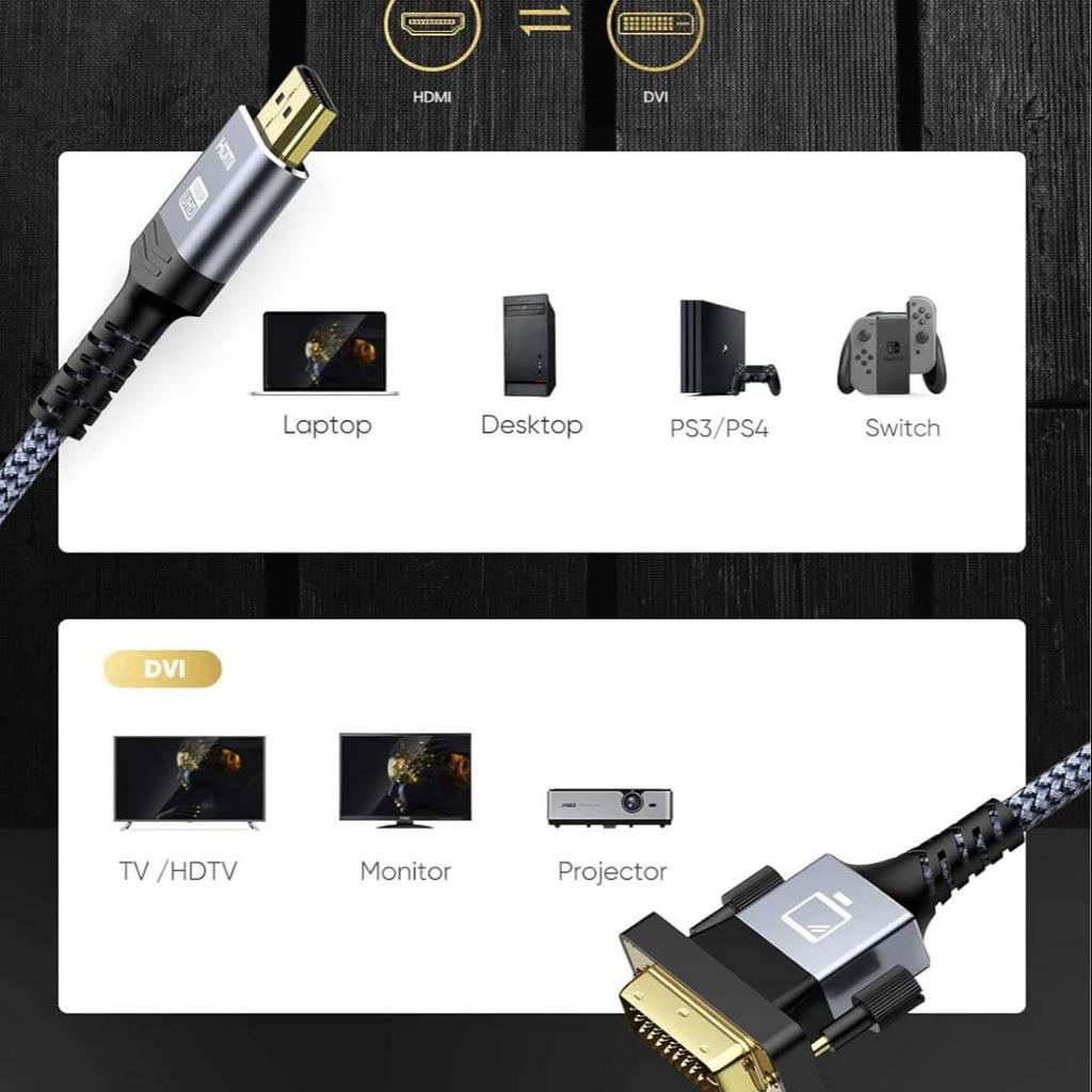 Двунаправленный адаптер и коммутационный кабель HDMI - DVI, подходит для ноутбуков, PS4, настольных компьютеров, телевизоров и 1080p проекторов