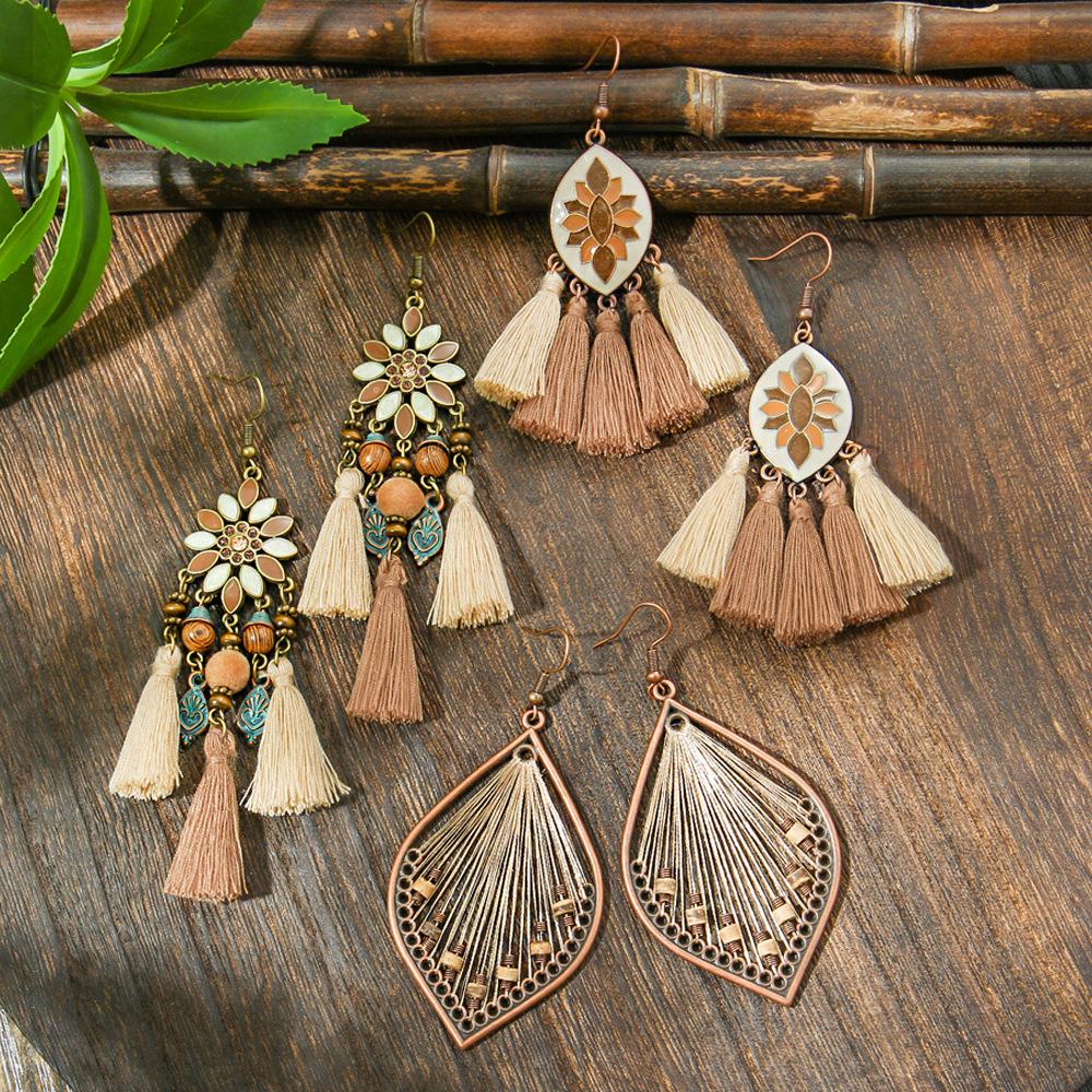 Винтажные богемные плетеные серьги с кисточками в нишевом лесном стиле