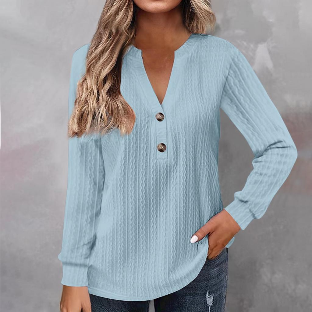 Women's Fashion Long Sleeve Solid Colour V-Neck Button T-Shirt Printed Casual Top