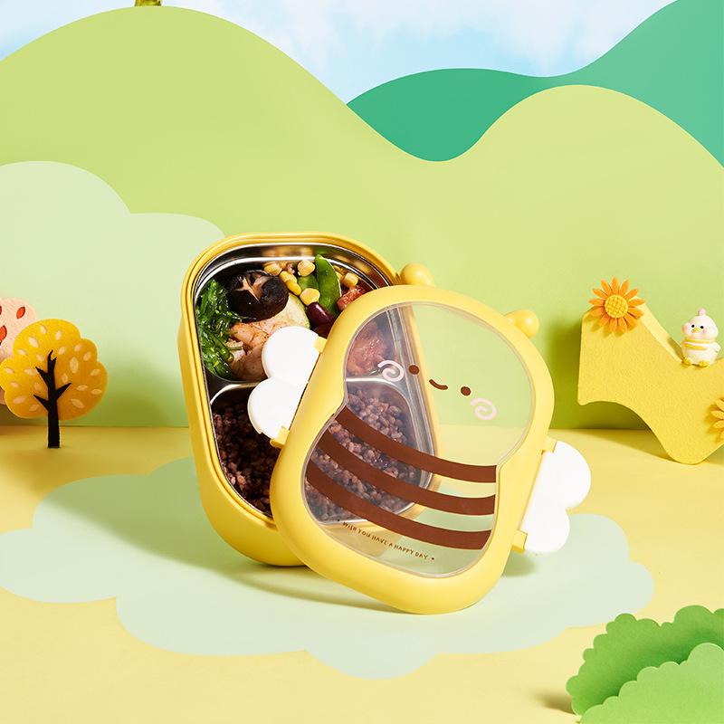 Lunch Box Cute Bee Shape Bento Box Leak-Proof Double Compartment Outdoor Camping Picnic Food