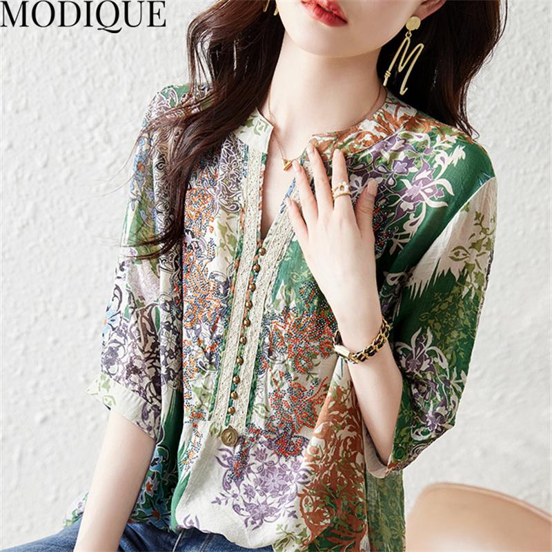 MODIQUE, летняя женская хлопковая блузка большого размера, шифоновые рубашки с цветочным принтом, летние пальто большого размера, пуловер с v-образным вырезом и короткими рукавами на пуговицах