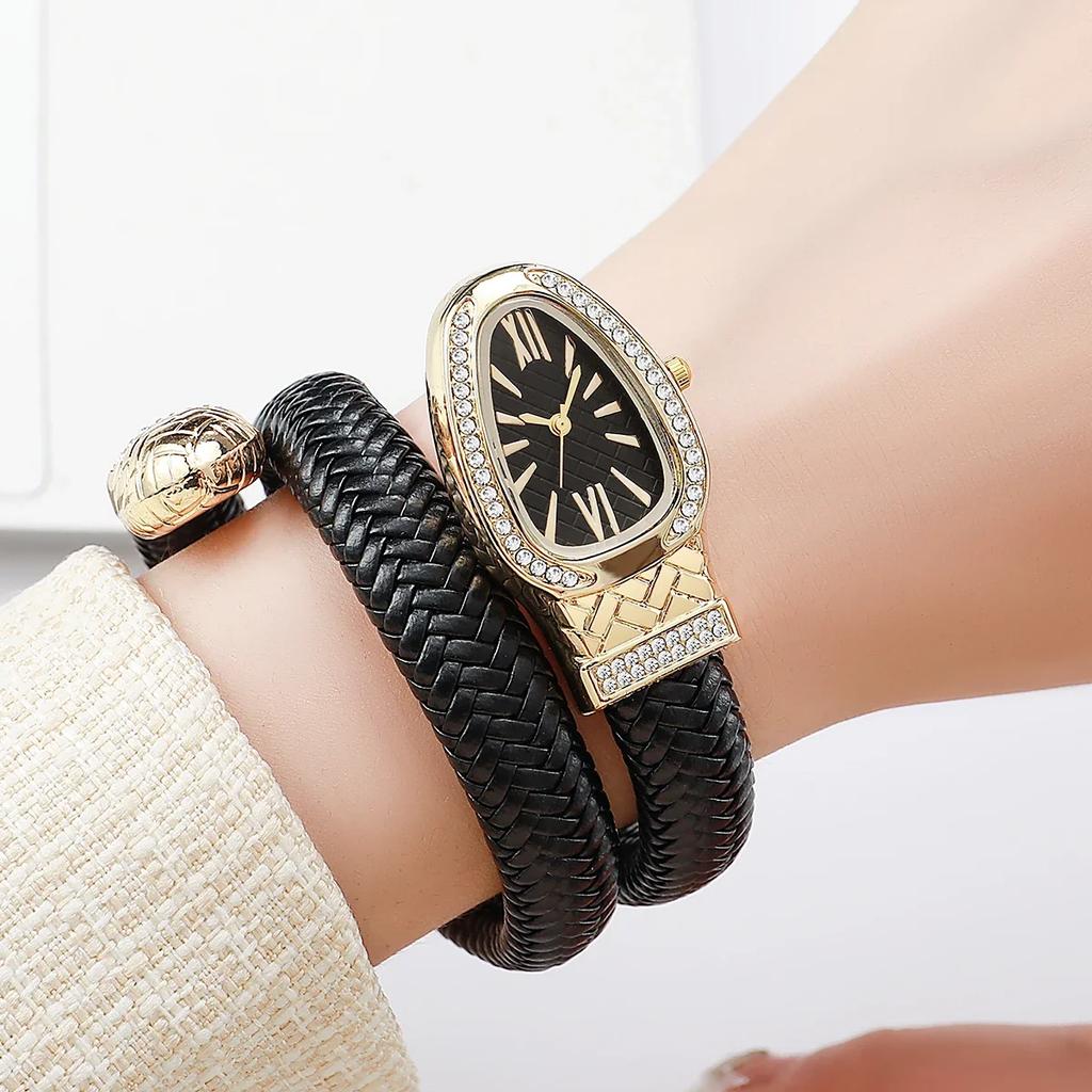 Модные женские кварцевые часы в форме змеи, плетеные, роскошные, со стразами, римский циферблат, наручные часы для девушек, часы Reloj Mujer