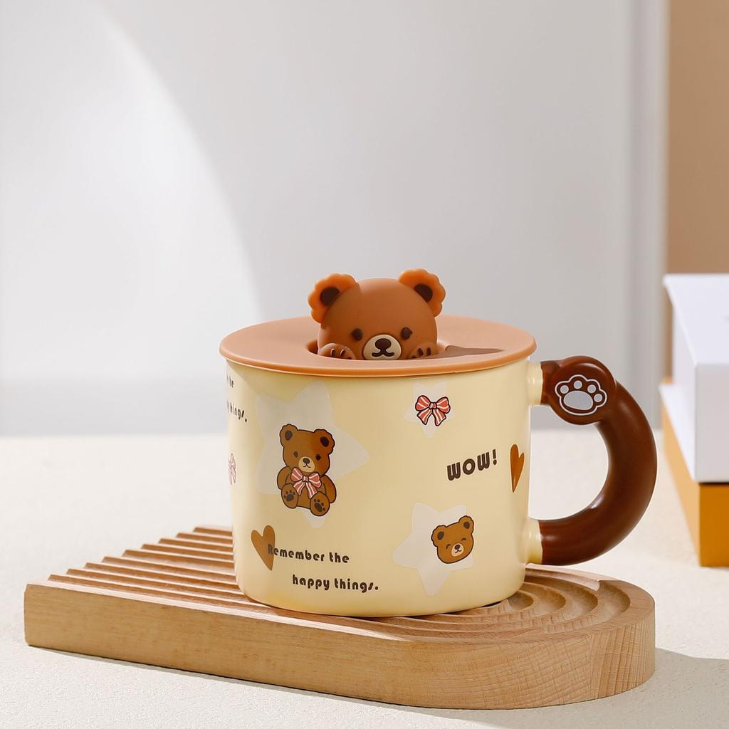 Cute Ceramic Cup with Lid Student Breakfast Cup Cartoon Bear Mug Large Capacity Gift Water Cup Household Set