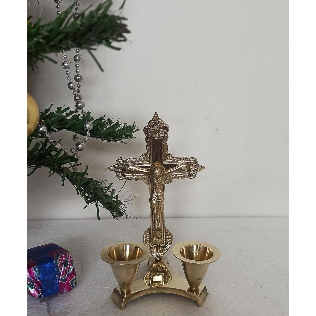 Brass Crucifix Cross Statue | Idol Jesus Christ On Cross with Candle Stand Prayer | Worship Home Office Decoration Golden Antique Finish (5 Inch) New