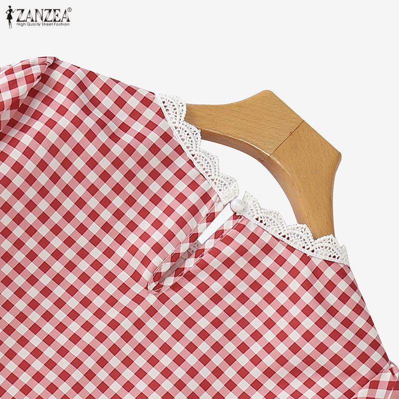 ZANZEA Женская повседневная блузка в клетку с круглым вырезом и коротким рукавом