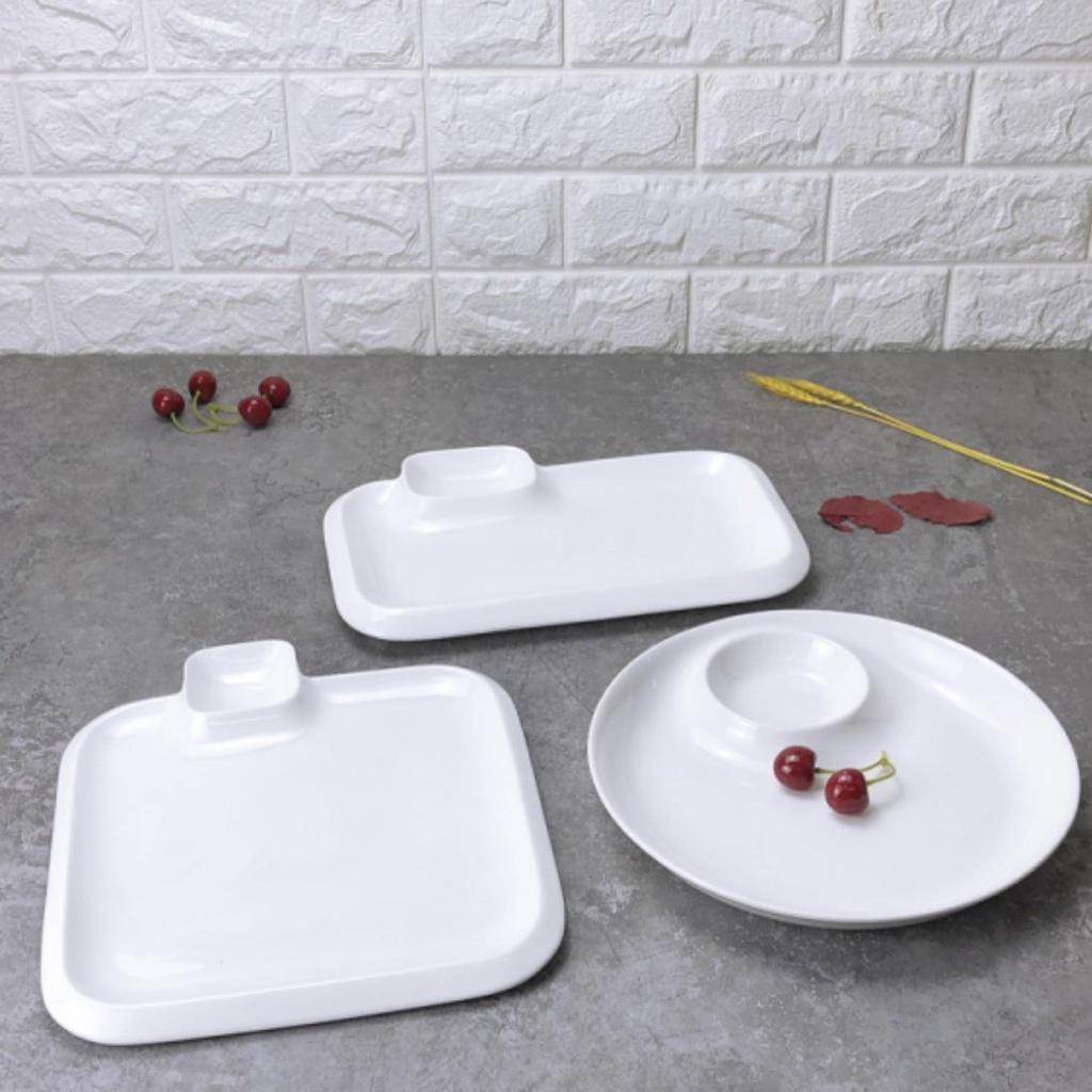 Hand-painted Pure White Ceramic Plate with Integrated Vinegar Dish for Dumplings, Shrimp, Vegetables, Fries & More.