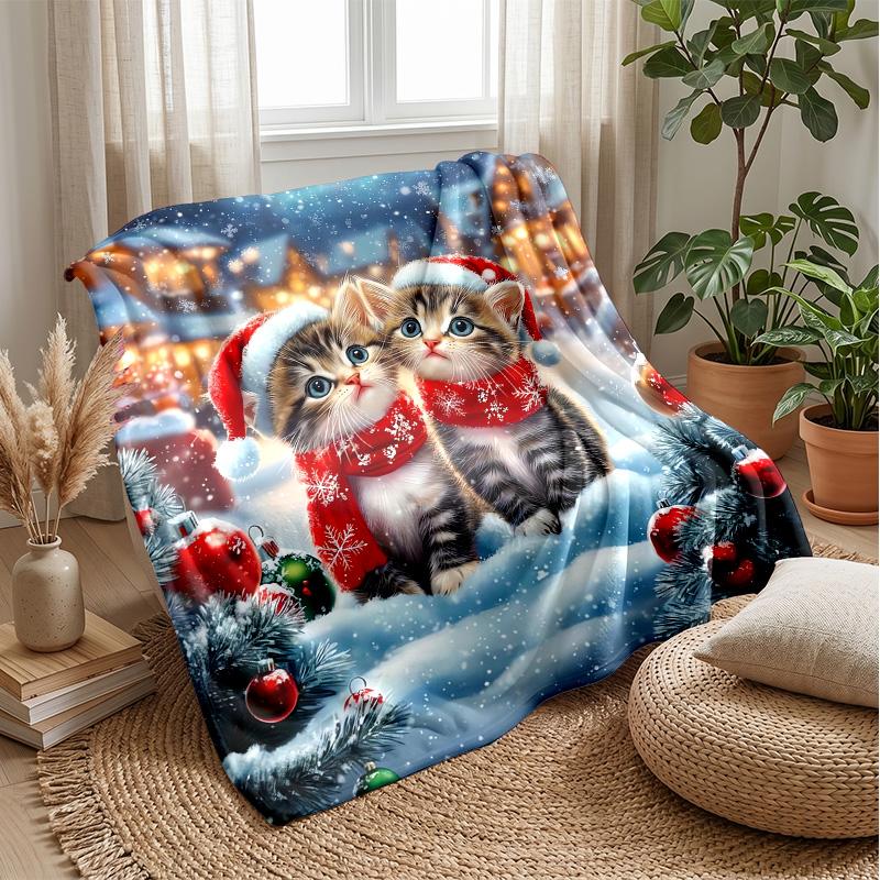Kittens in Christmas Snow Theme blanket Lightweight Warm Flannel Blanket Decorative Throw Blanket for Home Decoration