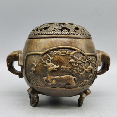 Медный курильница Фу Лу Шоу для помещений Антикварная трехногая печь Сюаньдэ Домашний декор Украшение
