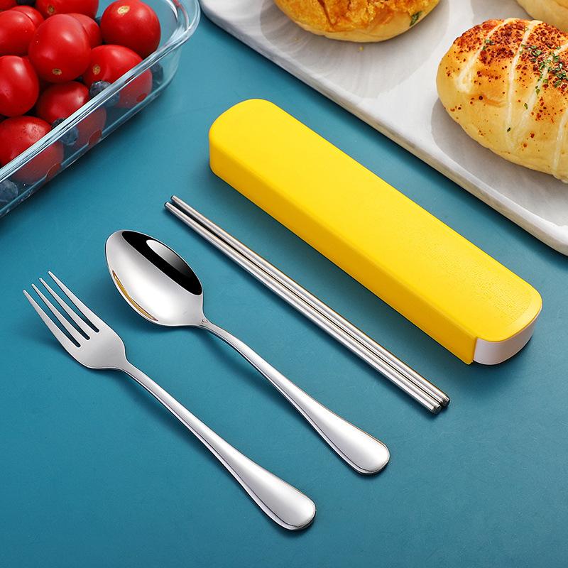Портативный набор столовых приборов из нержавеющей стали с палочками для еды, ложками, для студентов, офисных работников, для улицы, вилка, ложка, три предмета