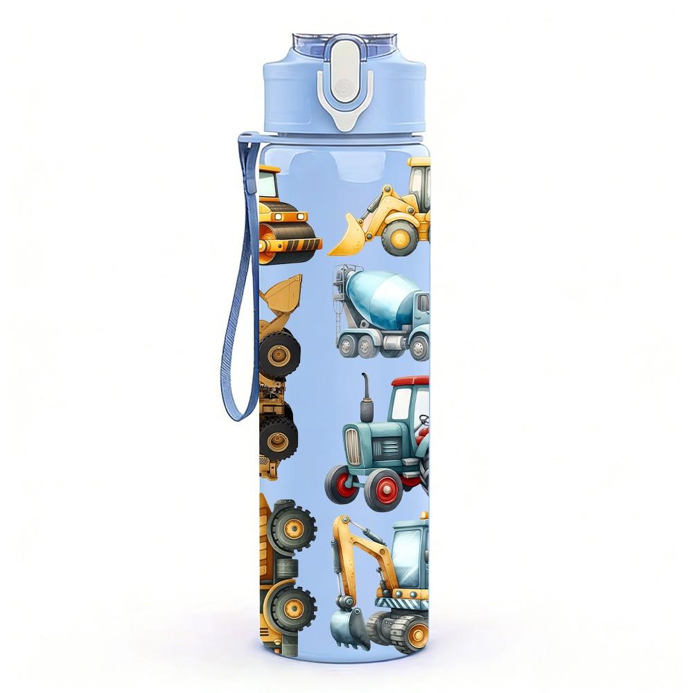 1PC Diverse Construction Vehicle Group Print 750ml Color Plastic Sports Water Bottle Leakproof Flip Straw Lid Suitable for Sports Office Home Use