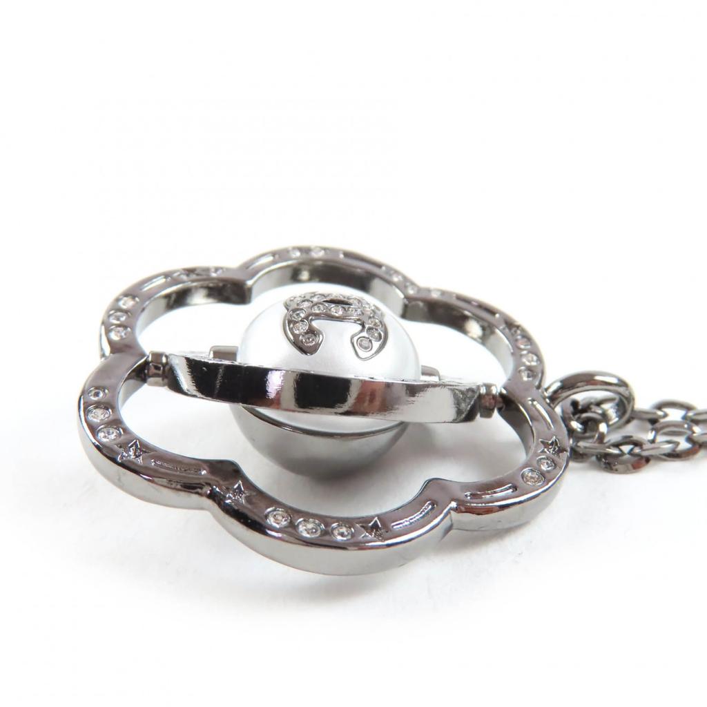 Great CHANEL Necklace Camellia COCO Mark Faux Pearl and Rhinestone Black B24K Used