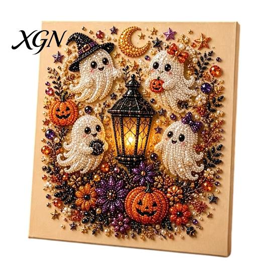 Handmade Gift for Craft Enthusiasts 2Pcs Halloween Faux Pearl Art, Ghost Pumpkin Witch Crow Painting DIY Sparkling Bead Set Kit, 3D Skull