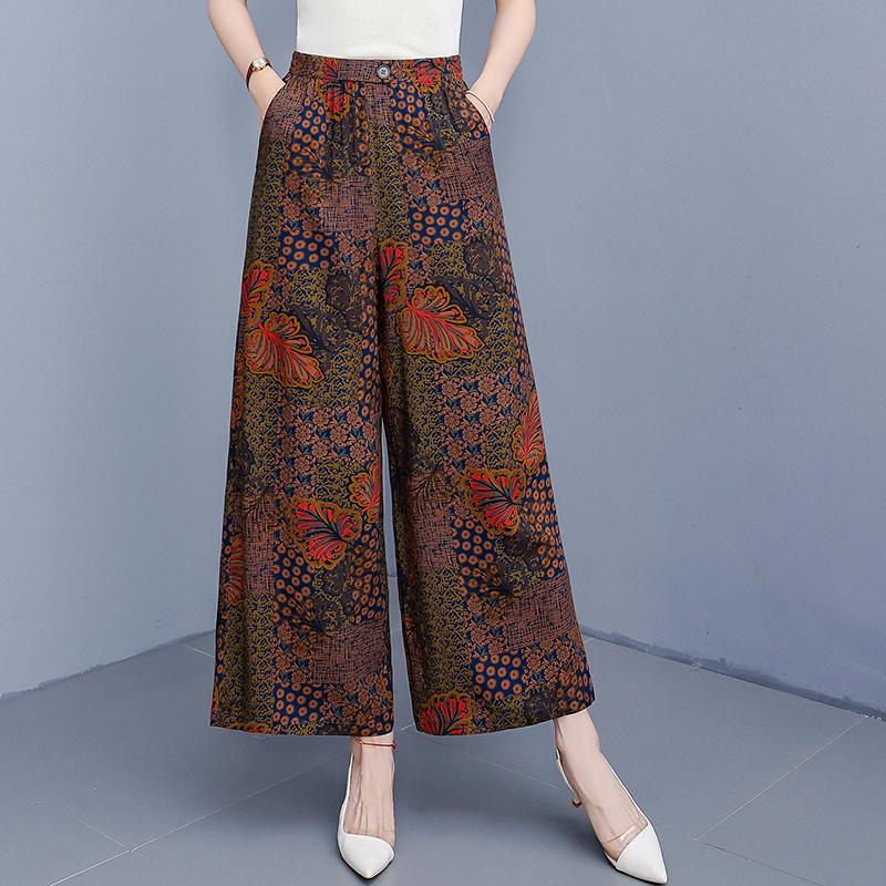 Элегантные летние брюки с высокой талией для женщин, повседневные широкие брюки с эластичной талией, винтажная одежда больших размеров