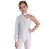 Girls One Shoulder Dance Leotard Long Sleeve Ruched Mesh Overlay Bodysuit