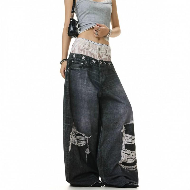 Womens Loose Straight Jeans 3D Print Distressed Streetwear Casual Denim Pants