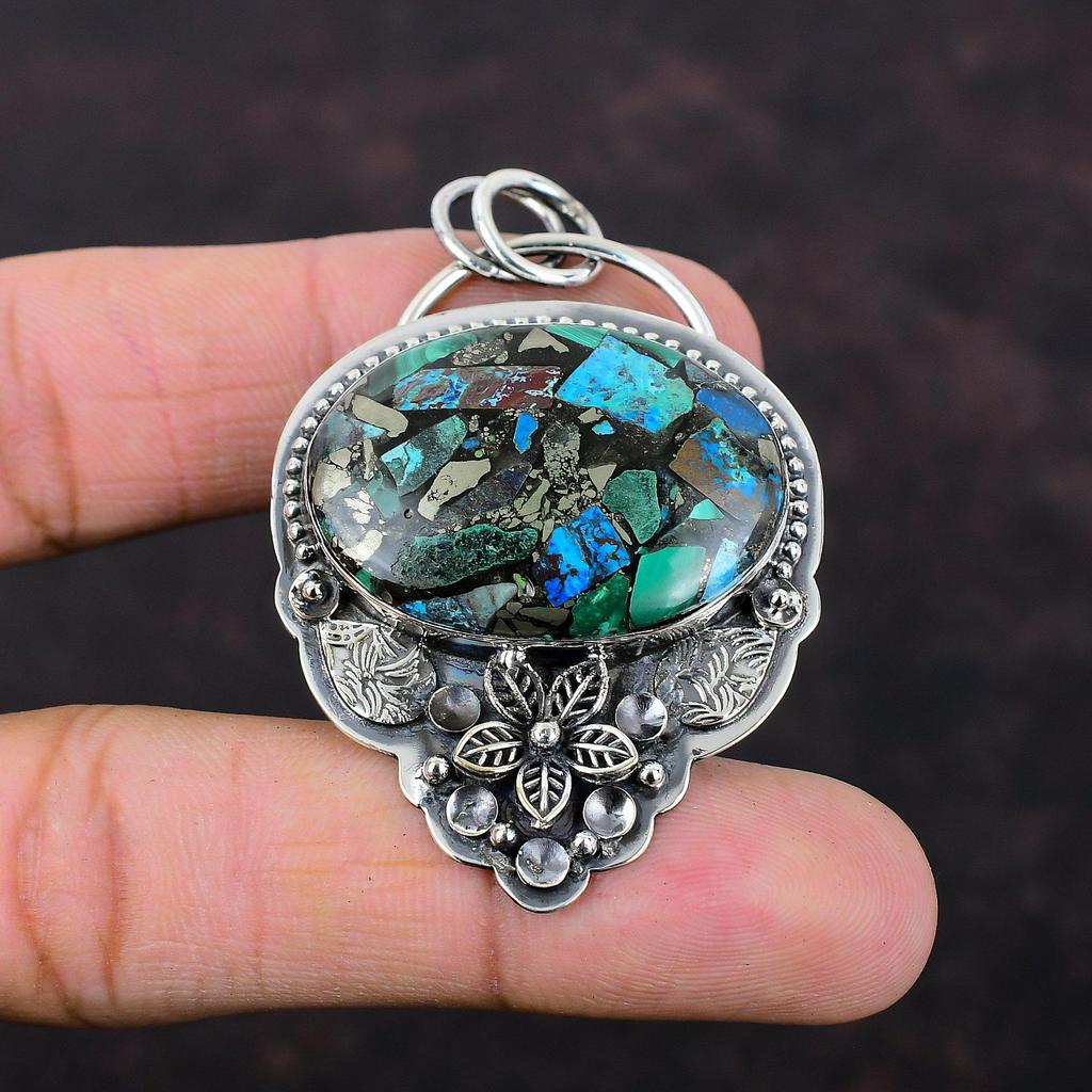 Медь Азурит Малахит Кулон Ювелирные Изделия из Натурального Драгоценного Камня Стерлингового Серебра 925 Кулон Ручной Работы Уникальный Дизайн Кулон Цветочные Ювелирные Изделия Для Подарка
