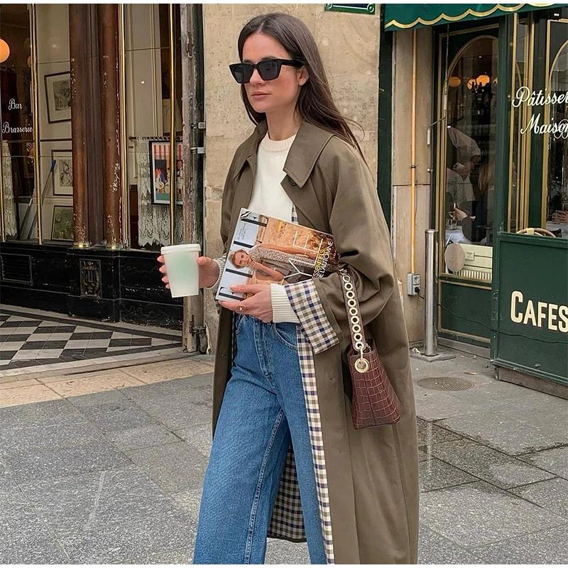 Подкладка из клетчатой ткани, однобортный лацкан с карманом, женские длинные рукава, универсальные длинные пальто, осеннее шикарное уличное пальто