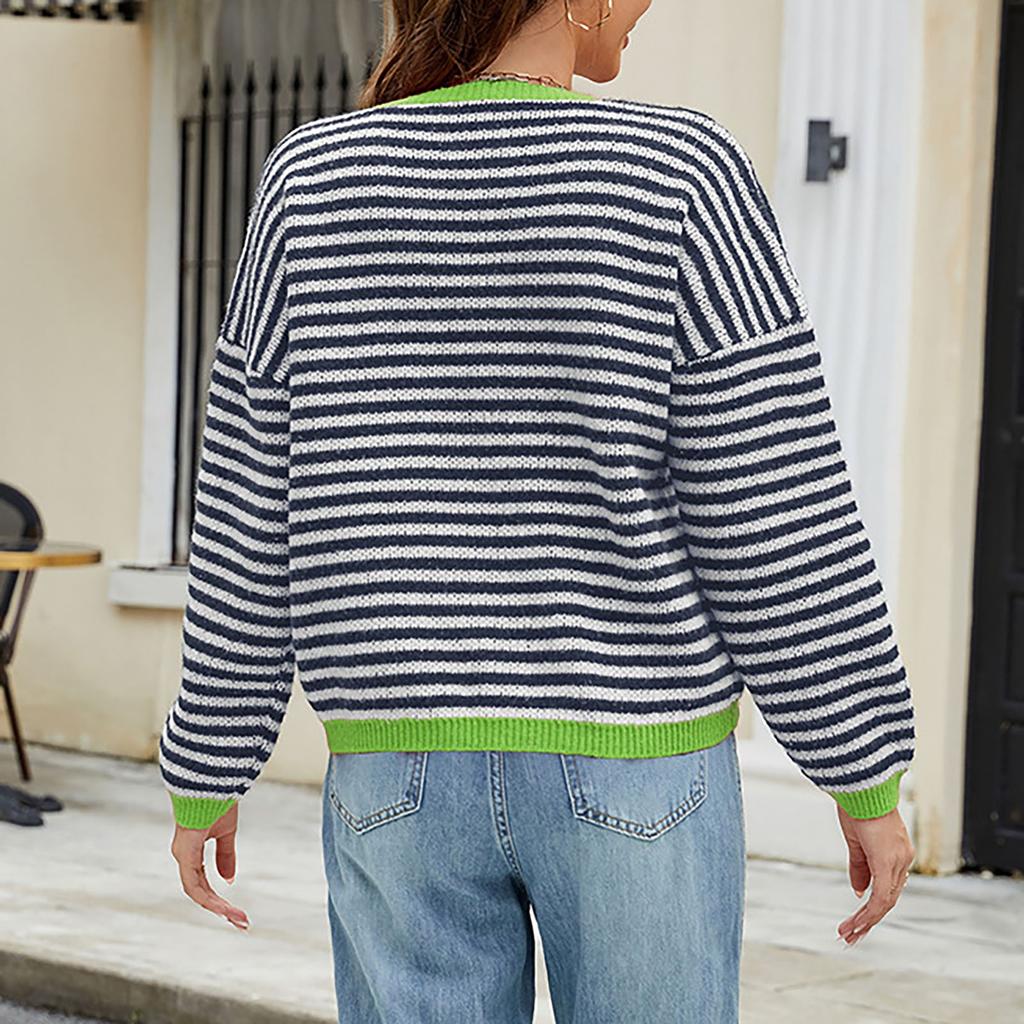 Женская мода повседневный полосатый свитер-пуловер осень и зима цветной трикотаж с V-образным вырезом