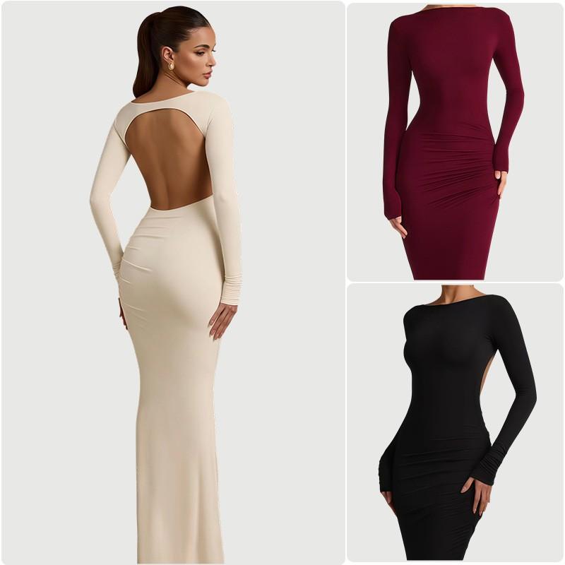 Off Shoulder Mermaid Dress Slim Fit Ruched Sexy Open Back Long Sleeve Elegant Evening Gown