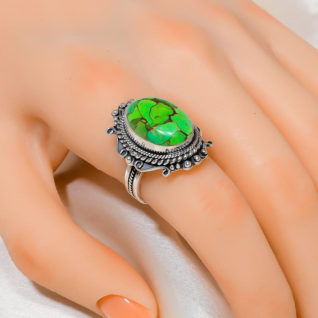 Copper Green Turquoise 925 Sterling Silver Ring V4243, Green Ring, Oval Ring, Valentin's Day Gift, Gift For Her, Birthday Gift, Handmade Jewelry, Silv