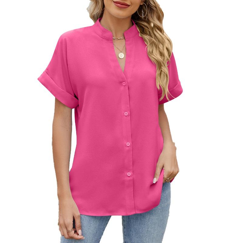 Женская однотонная рубашка свободного кроя с V-образным вырезом и короткими рукавами, застегивающаяся на пуговицы, шифоновая блузка весна/лето