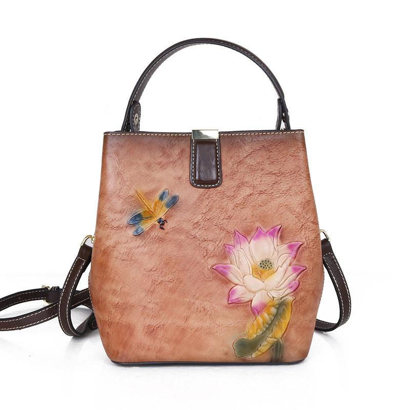 Vintage Flower Embossing Mini Shoulder Bags for Women Fashion Crossbody Bag Genuine Leather Bucket Bag Phone Bags Purse GZW