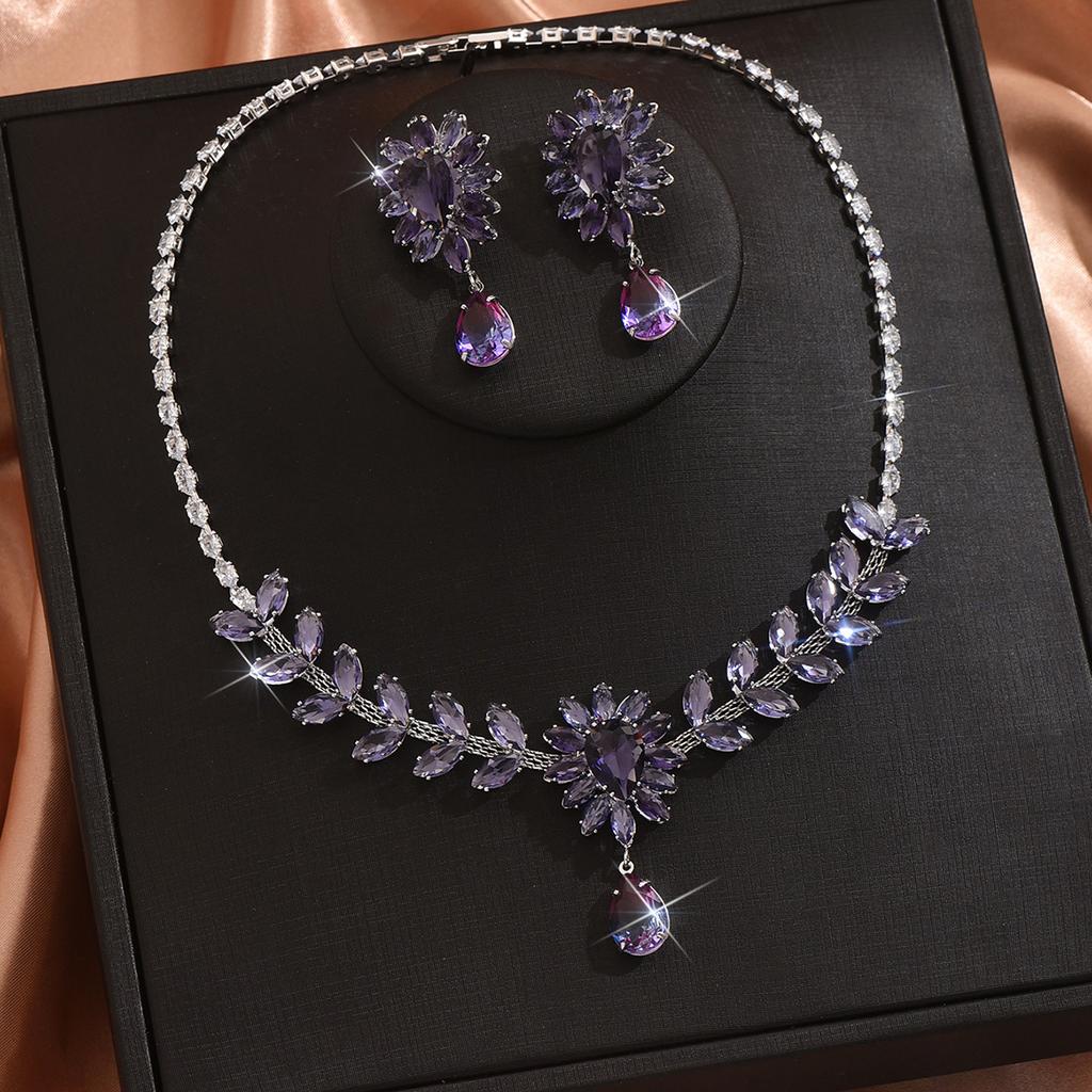 3PC Women's Fashion Zircon Series Flower Water Drop Necklace Earrings Zircon Set Party Festival Gift