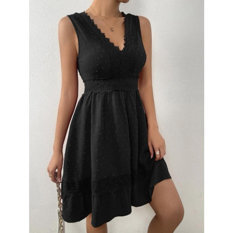 Fashion V-Neck Women Lace Splicing Summer Dress Sexy Backless Casual Elegant A-line Party Short Dresses Female Loose Simple Women's Clothing