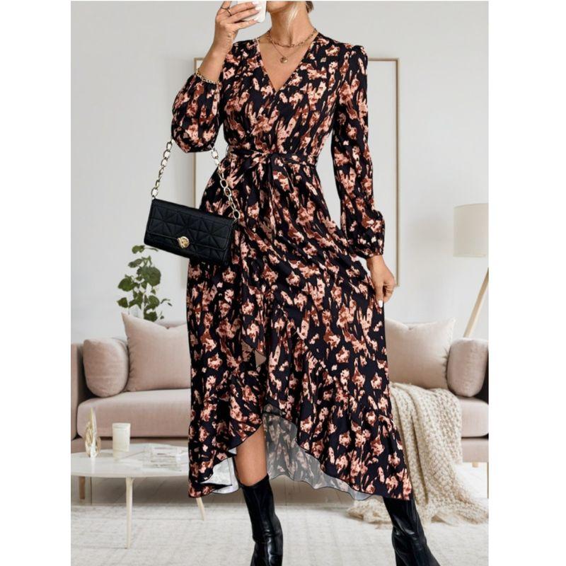 Spring & Fall New Fashion Style Fashion V Neck Print Waist-Controlled Lace-up Asymmetrical Ruffles Long Sleeves Dress Long Dress