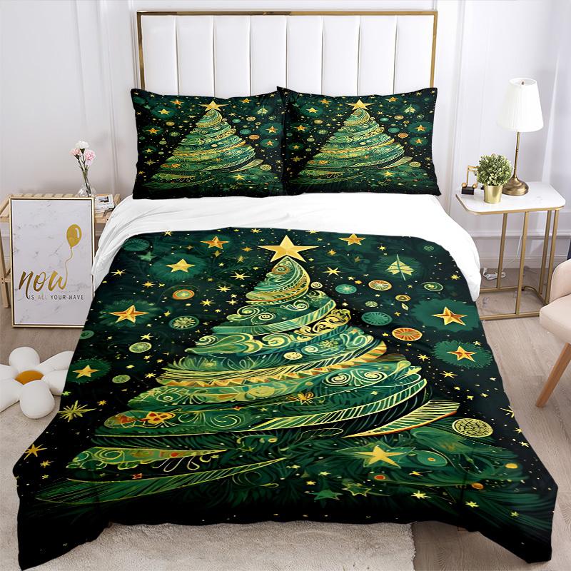 3pc Christmas Tree Decorations Cover Set - 1 Quilt Cover + 2 Pillowcases, All Seasons Bedroom Setting, Perfect for Home054